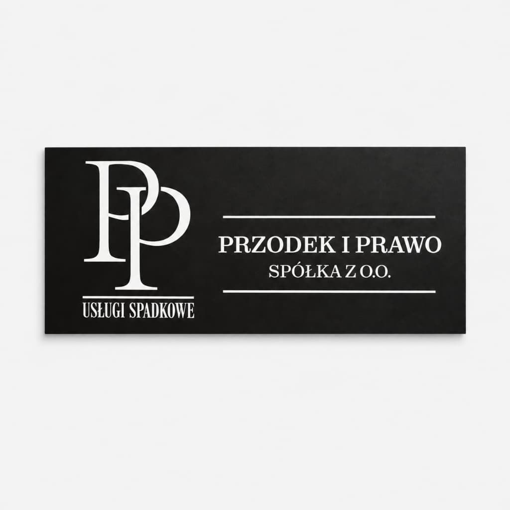 Czarna tabliczka z logo i napisem „Usługi spadkowe” na ścianie