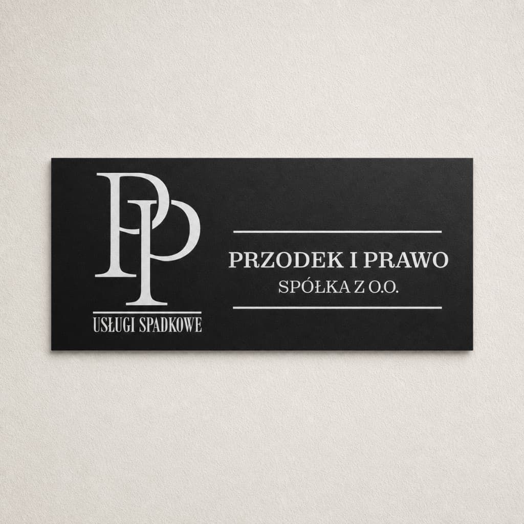 Czarna tablica z logo i napisem „Usługi spadkowe”, zamontowana na ścianie