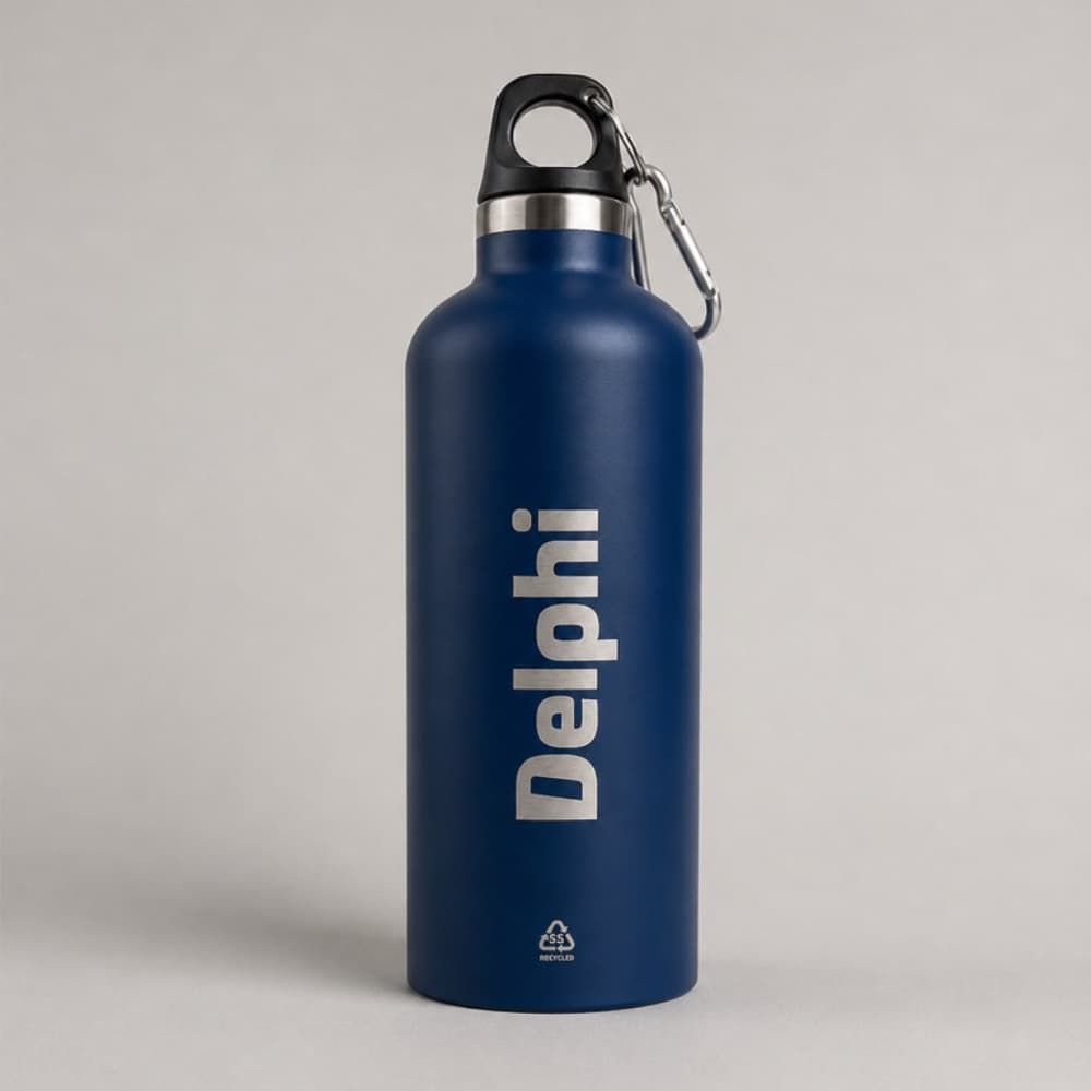 Metalowy bidon z logo Delphi grawerowanym laserowo