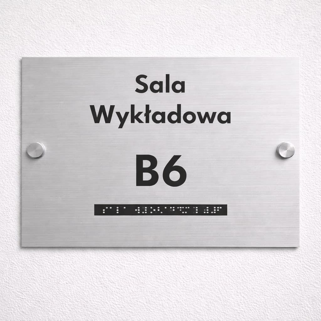 Tabliczka na drzwi do szkoły z nazwą sali, numeracją i piktogramem w jednej formie