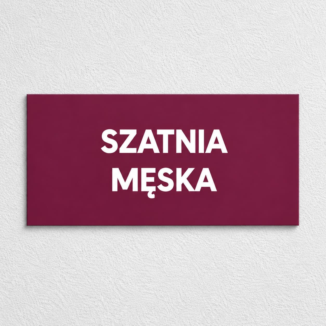 Burgundowa tabliczka na drzwi do szkoły z białym grawerem i napisem Szatnia męska