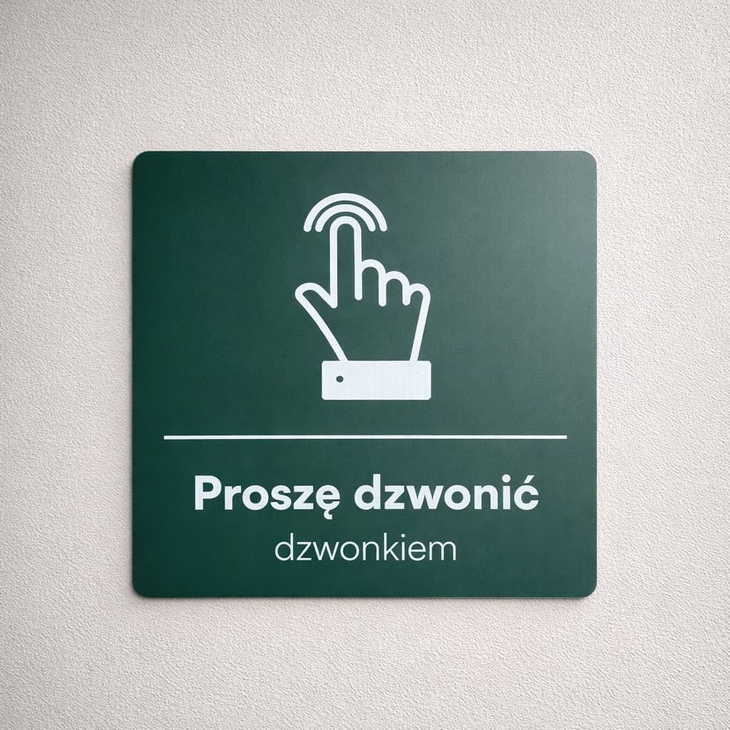 Zielona tabliczka informacyjna z piktogramem dzwonka i napisem Proszę dzwonić