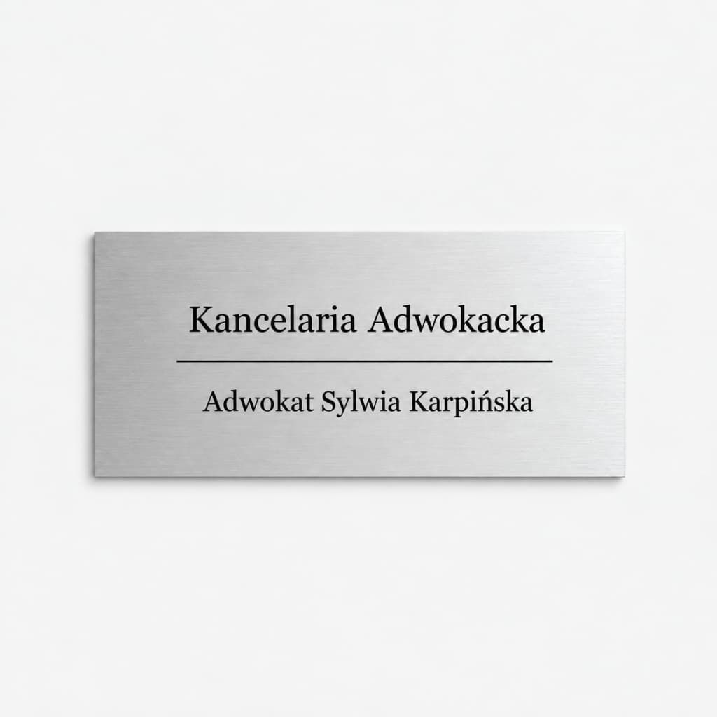 Srebrna tabliczka kancelarii adwokackiej na ścianie