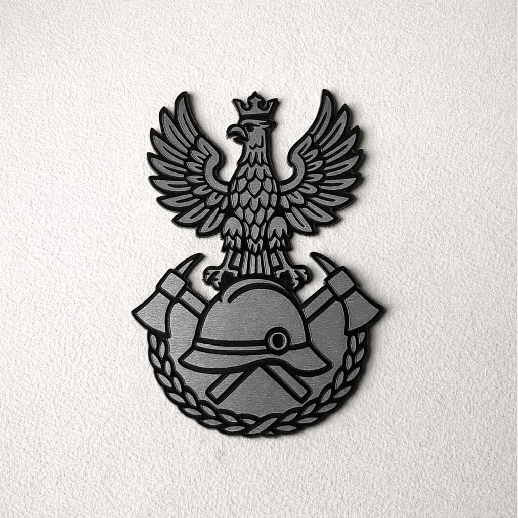 Srebrna tabliczka pamiątkowa wycięta w kształcie emblematu straży pożarnej z orłem