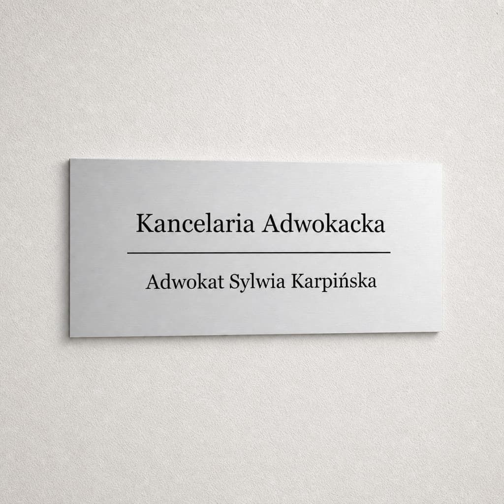 Srebrna tablica kancelarii adwokackiej zamontowana na ścianie
