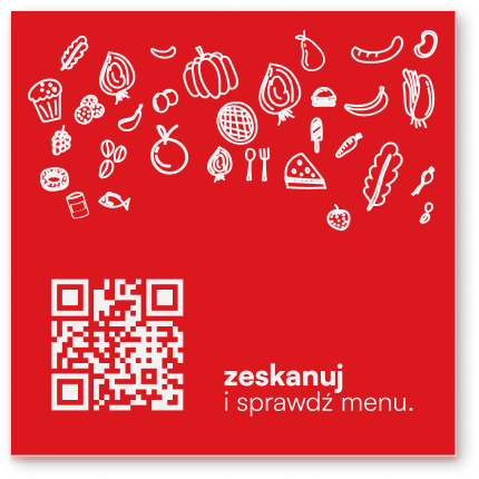 Czerwona tabliczka z kodem QR prowadzącym do menu restauracji