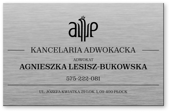 Srebrna tablica informacyjna kancelarii adwokackiej z logo i danymi kontaktowymi