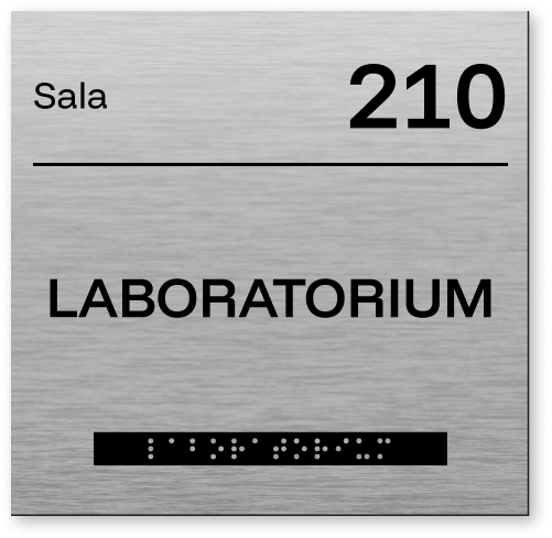 Srebrna tabliczka Braille z numerem sali 210 i napisem Laboratorium
