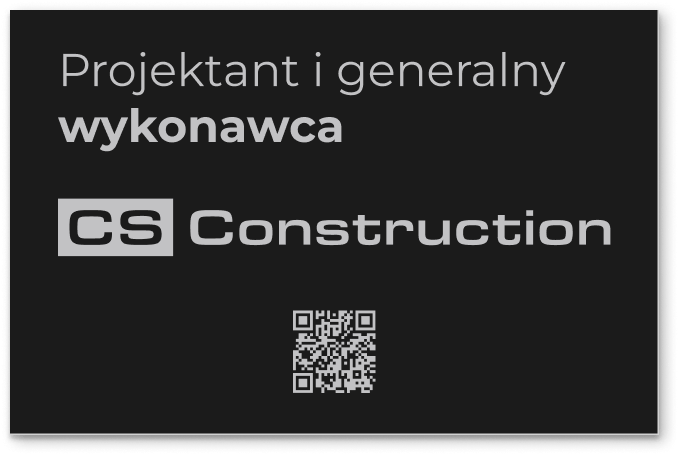 Czarna tabliczka informacyjna firmy budowlanej z logo i kodem QR