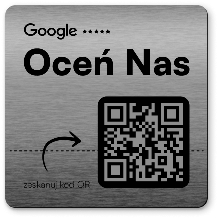 Srebrna tabliczka z kodem QR do wystawienia opinii Google