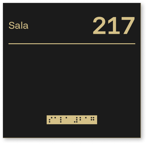 Czarno-złota tabliczka Braille z numerem sali 217