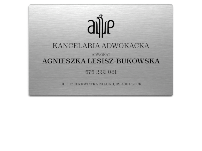 Srebrna tabliczka kancelarii adwokackiej ze znakiem adwokatury i danymi kontaktowymi