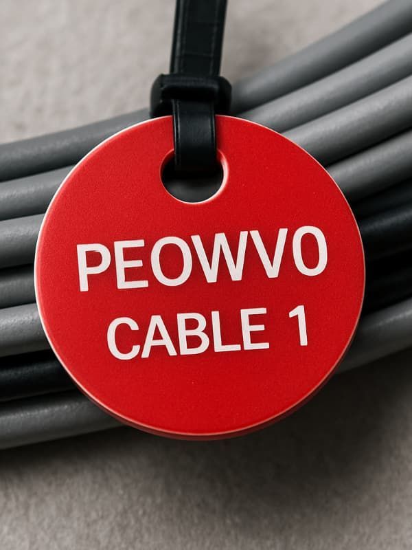 Tabliczki opisowe do kabli - zawieszki grawerowane z laminatu grawerskiego, czerwone