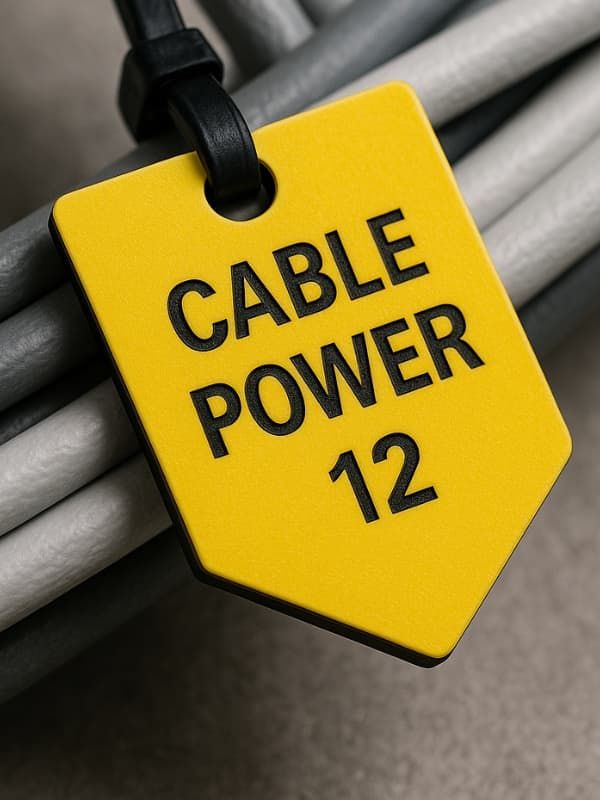 Tabliczka na kable zawieszka grawerowana z laminatu grawerskiego żółta oznaczenie przewodu