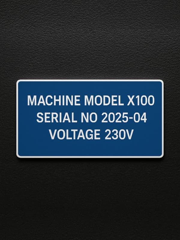 Tabliczka znamionowa do maszyny grawerowana z laminatu grawerskiego niebieska dane urządzenia numer seryjny napięcie