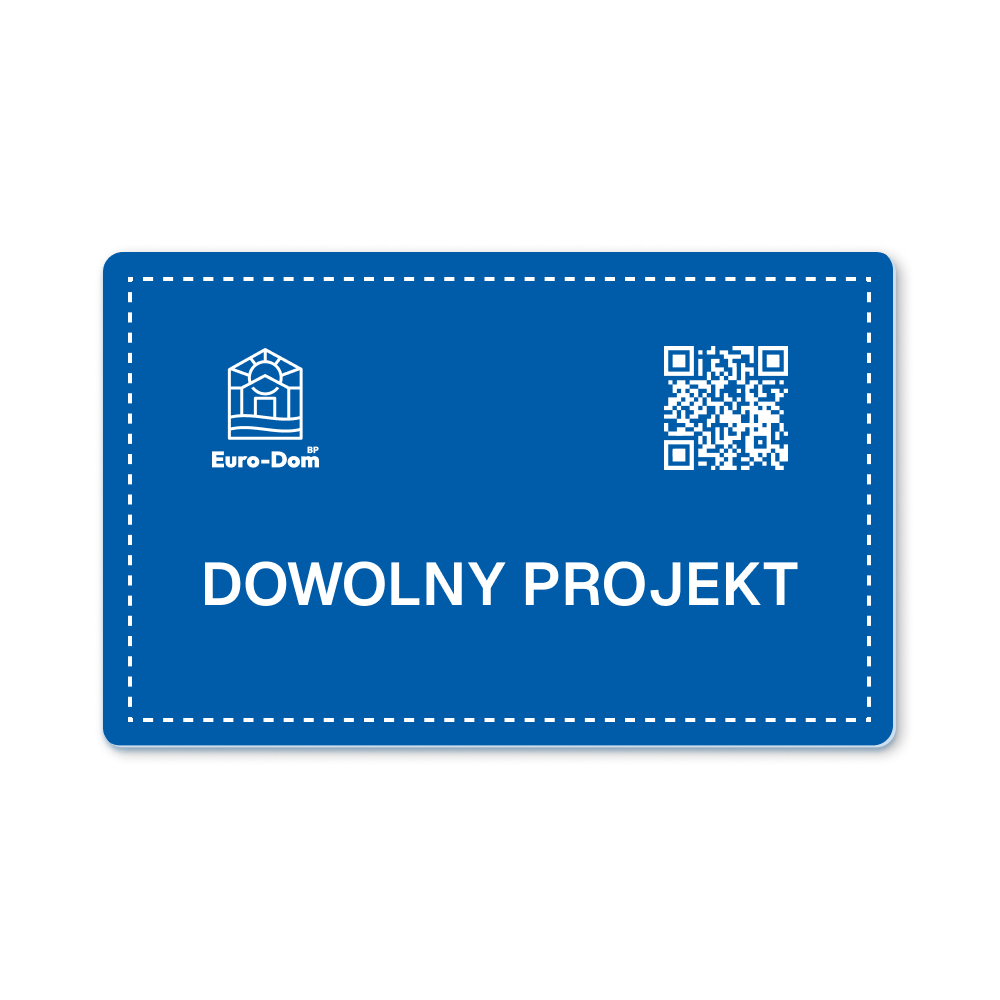 Niebieska tabliczka informacyjna z logo, kodem QR i dowolnym projektem