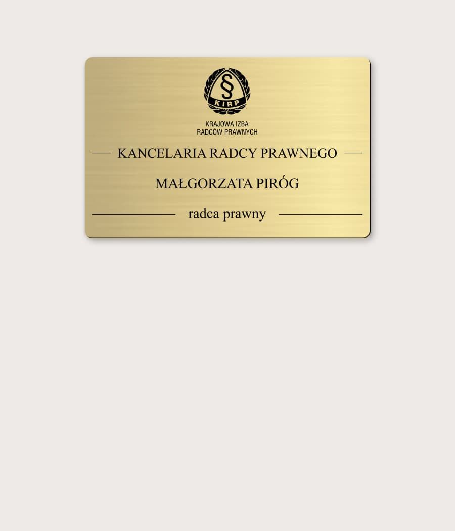 Złota tablica informacyjna kancelarii radcy prawnego z logo KIRP