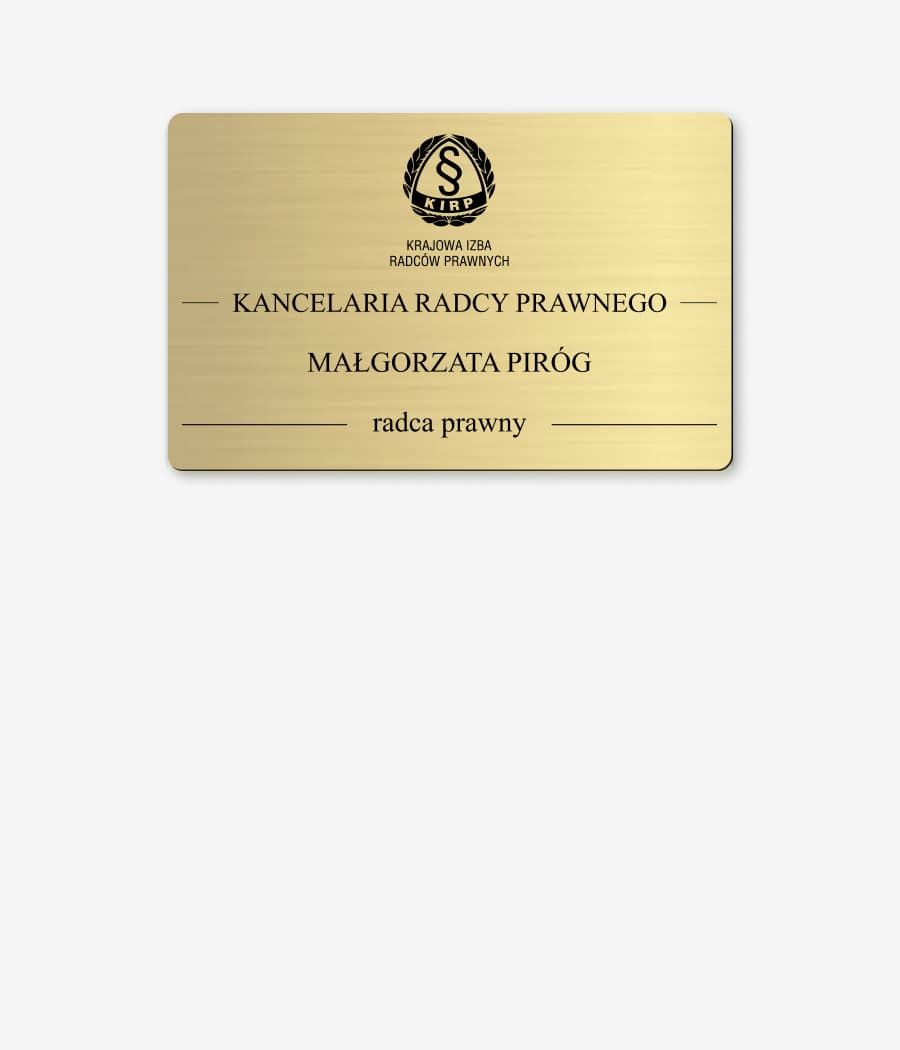 Złota tabliczka kancelarii radcy prawnego ze znakiem KIRP