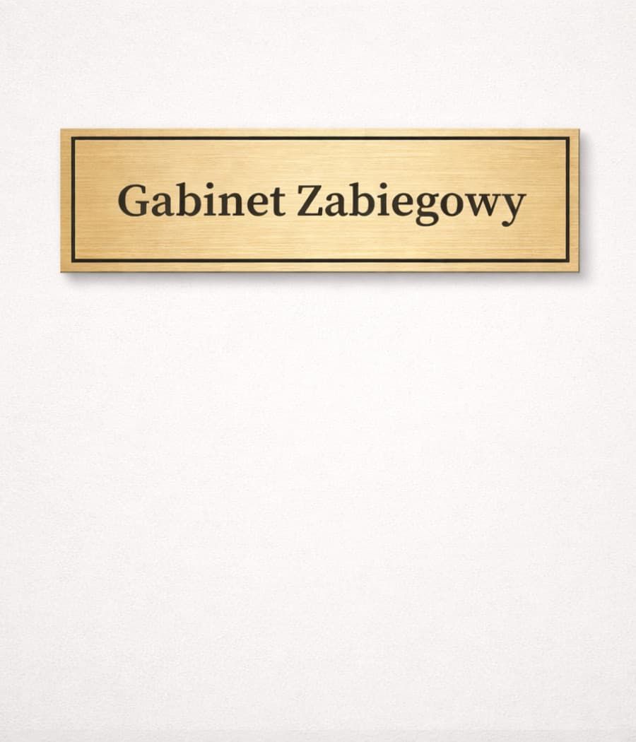 Złota tabliczka na drzwi gabinetu zabiegowego z czarnym grawerem i ramką