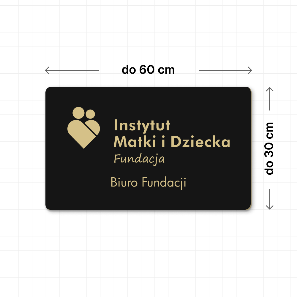 Czarna tabliczka informacyjna ze złotym grawerem, w rozmiarze do 60×30 cm
