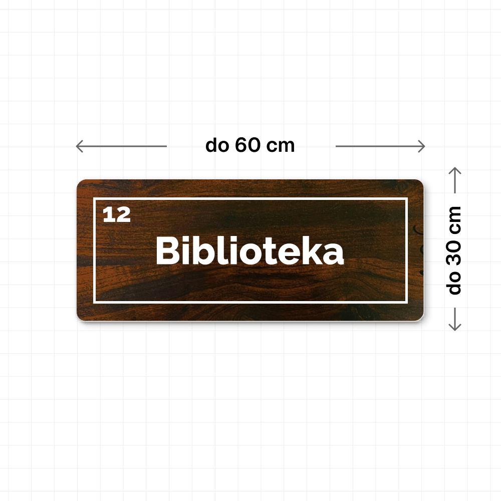 Tabliczka na drzwi biblioteki z numerem, w kolorze drewna i wymiarze do 60×30 cm