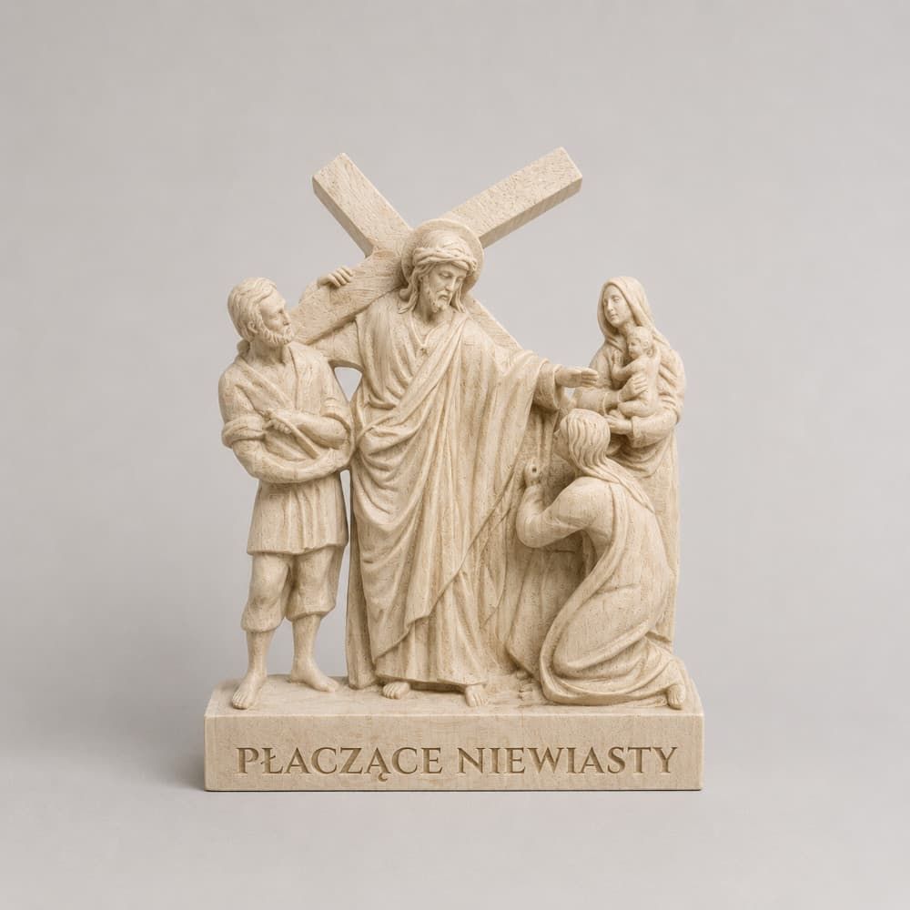 Drewniana figurka religijna z wygrawerowanym napisem Płaczące niewiasty