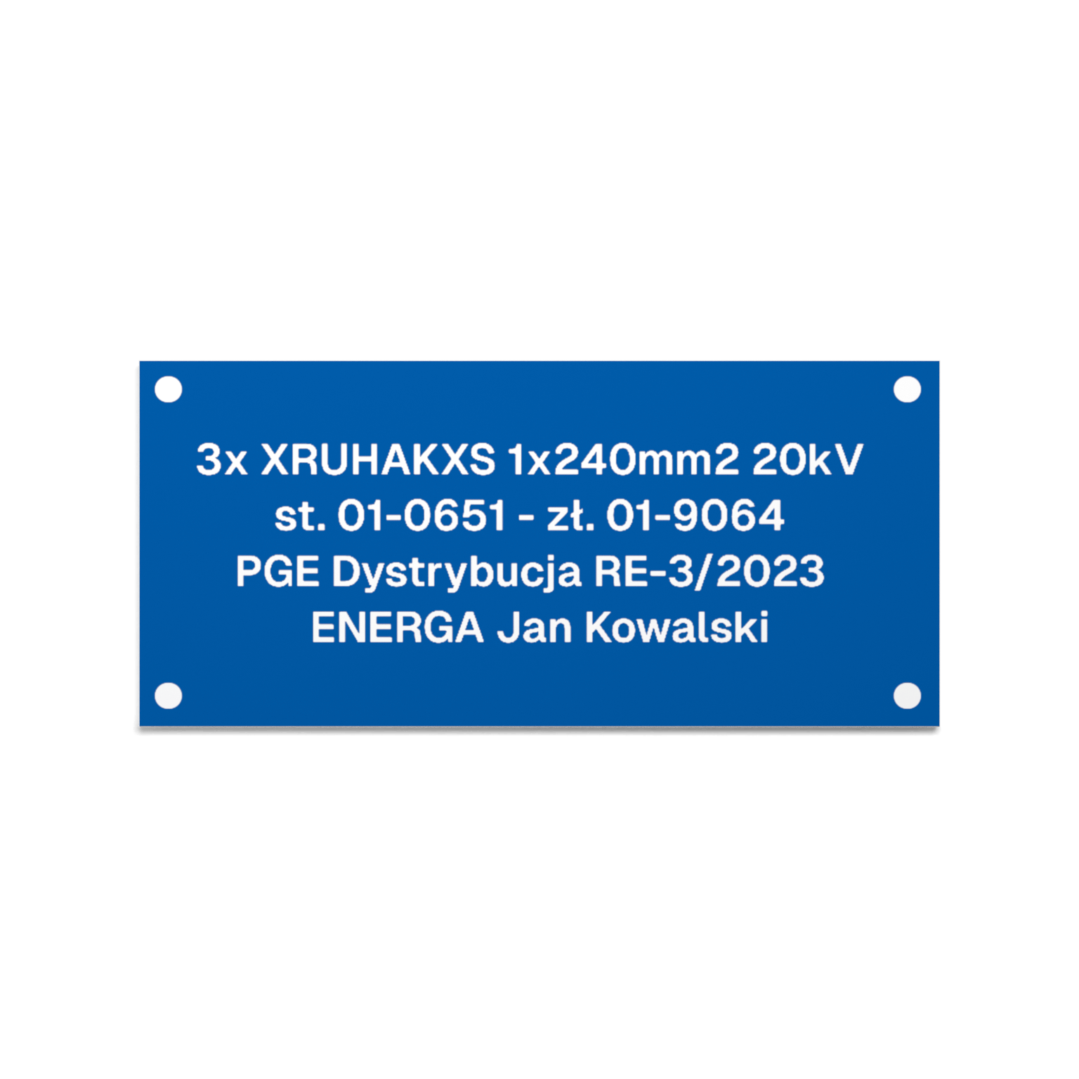 Szafirowa tabliczka opisowa z typem kabla, numerami stacji i otworami montażowymi