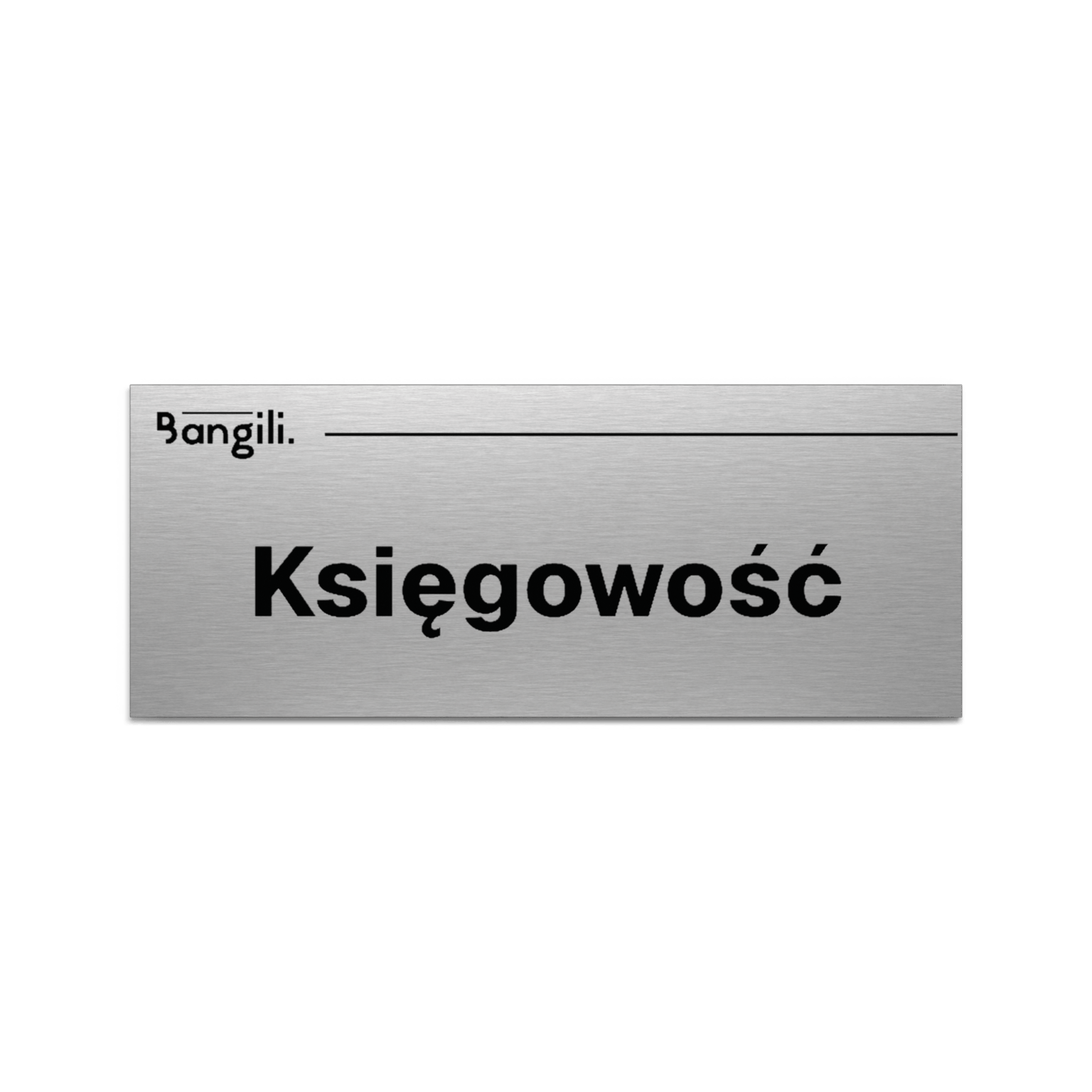 Srebrna tabliczka na drzwi księgowości z logo firmy i czarnym grawerem
