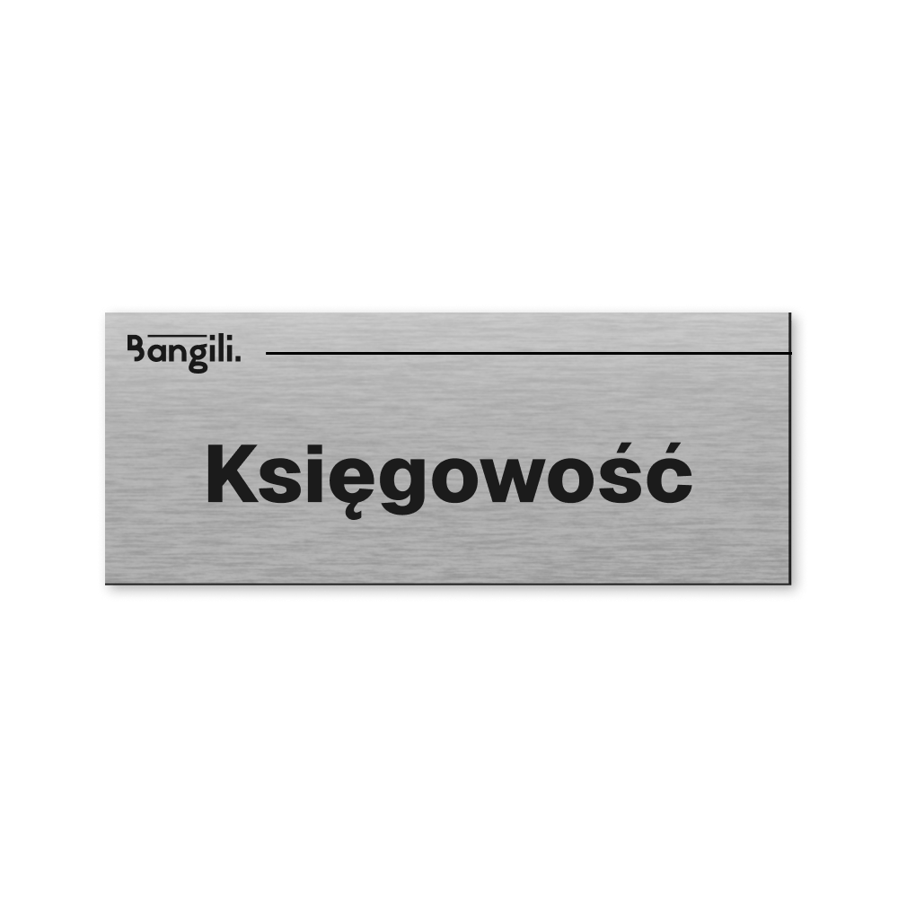 Srebrna tabliczka na drzwi księgowości z logo firmy i czarnym grawerem