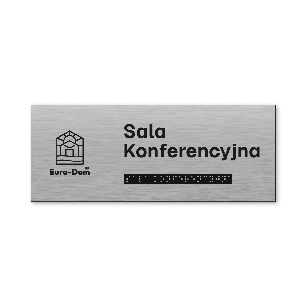 Tabliczka z laminatu grawerskiego z logo firmy i napisem w alfabecie Braille’a