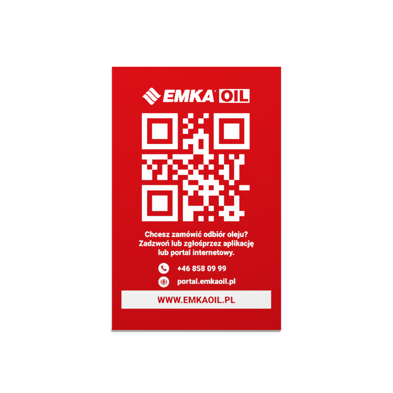 Czerwona tabliczka z kodem QR i logo EMKA OIL do zamawiania odbioru oleju