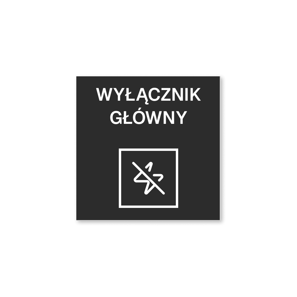 Czarna tabliczka opisowa do szafy sterowniczej z napisem Wyłącznik główny i piktogramem