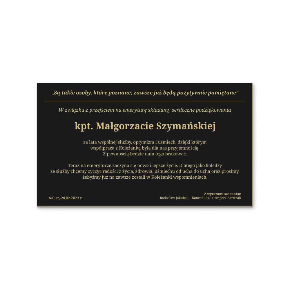 Grawerowana tabliczka pamiątkowa w kolorze czarnym