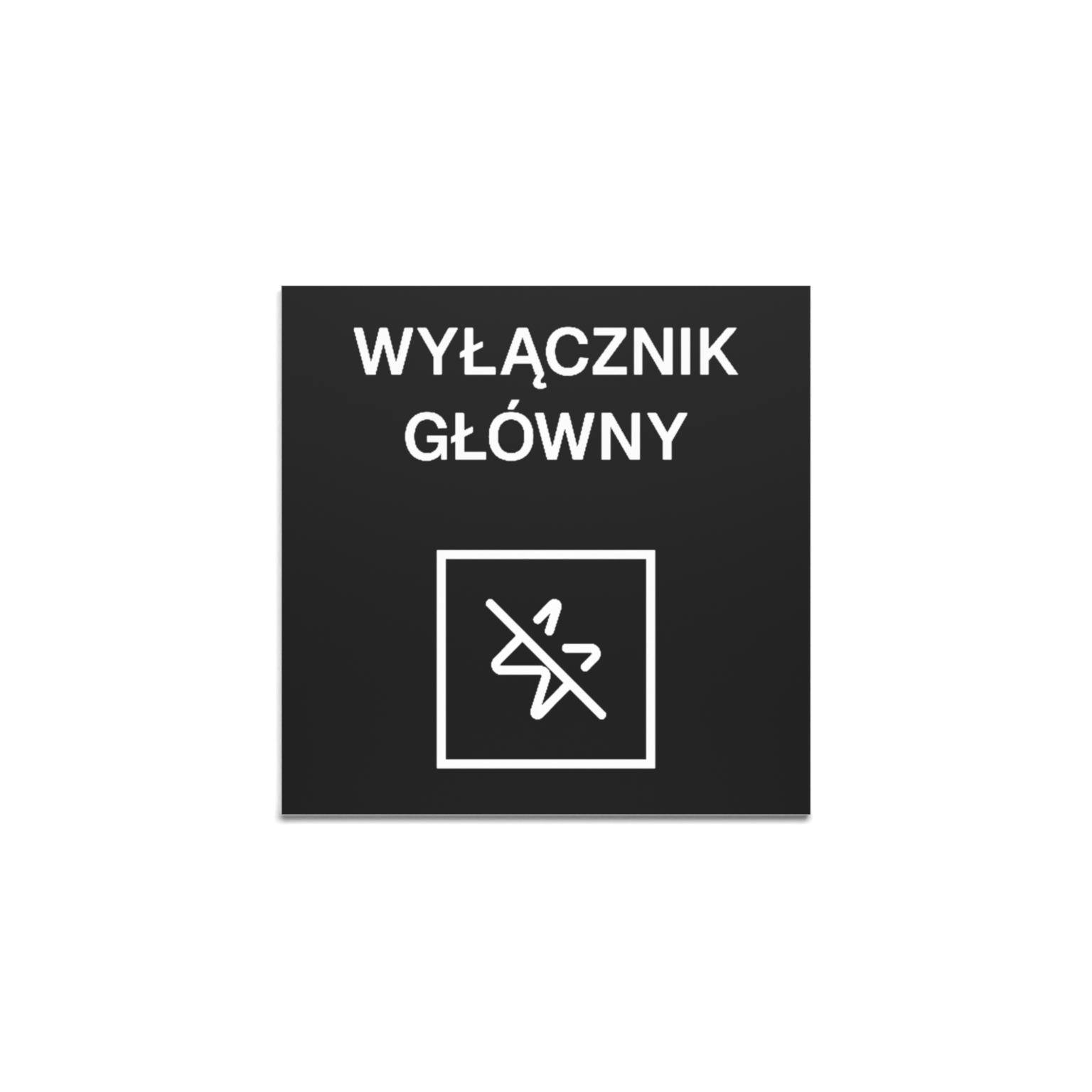 Czarna tabliczka opisowa do szafy sterowniczej z napisem Wyłącznik główny i piktogramem