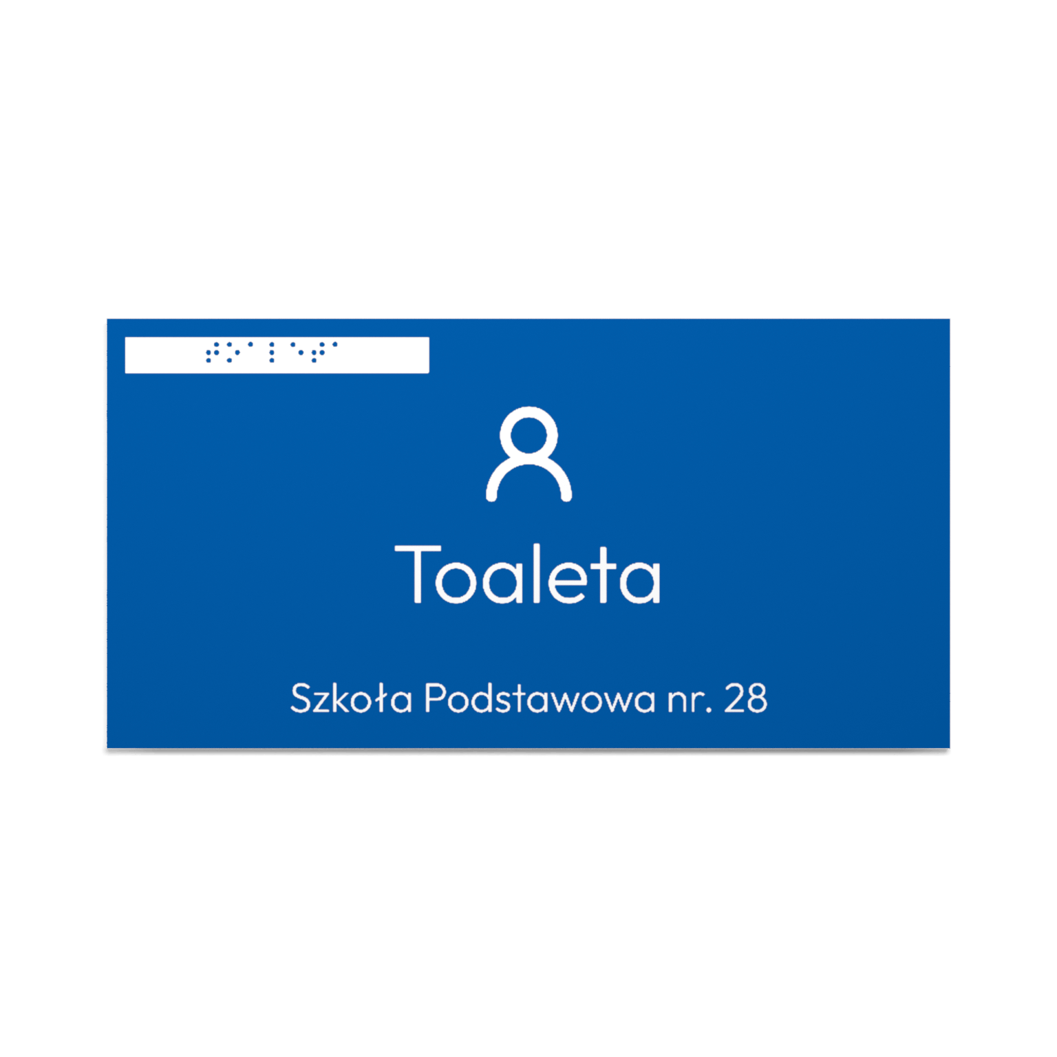 Szafirowa tabliczka na drzwi do szkoły z białym grawerem, piktogramem, nazwą szkoły i zapisem Braille'a
