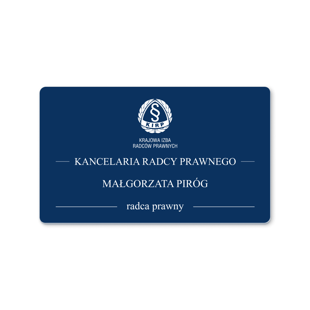 Granatowa tabliczka kancelarii radcy prawnego z logo KIRP