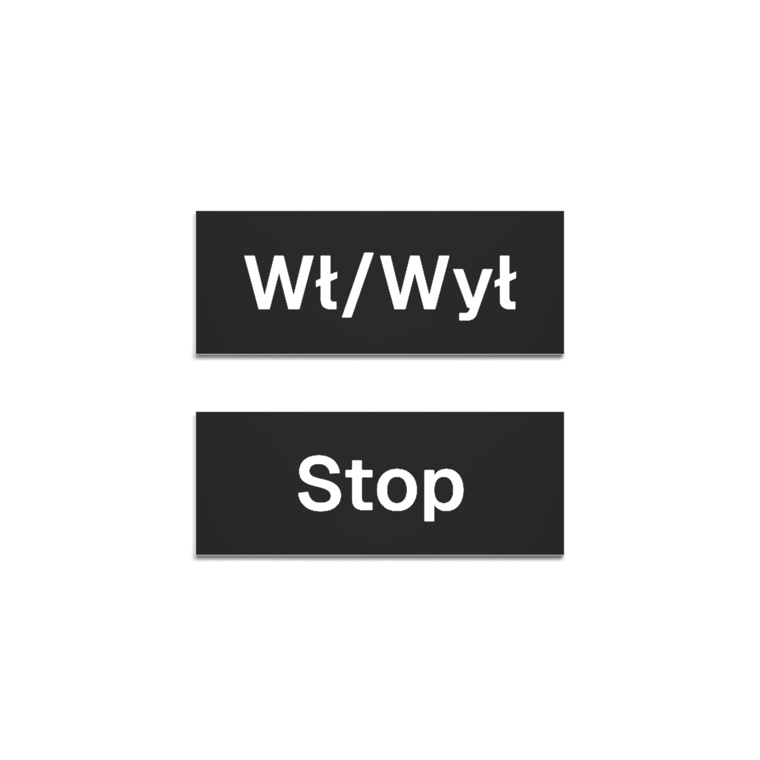 Czarne tabliczki opisowe do przycisków Wł/Wył i Stop na panelu