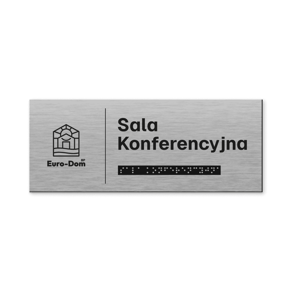 Tabliczka z laminatu grawerskiego z logo firmy i napisem w alfabecie Braille’a