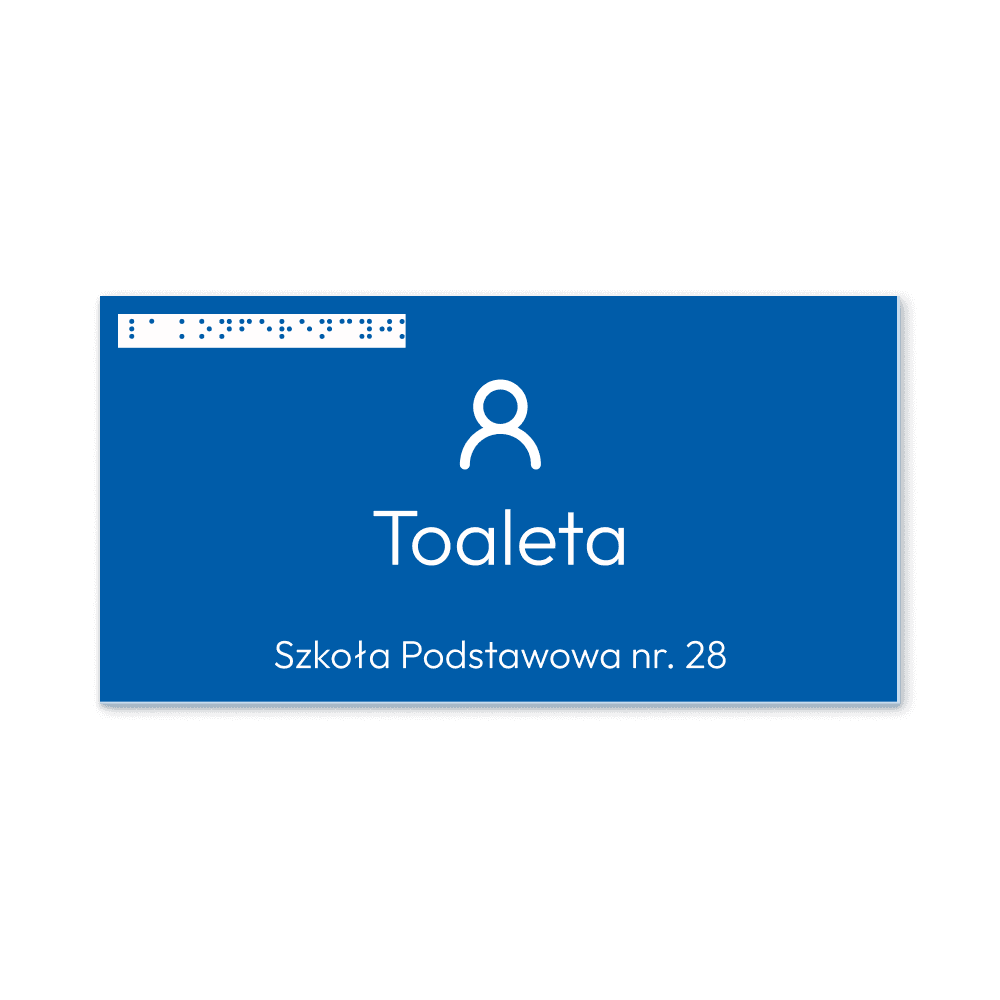 Tabliczka z braillem dla szkoły, grawerowana i wykonana z niebieskiego laminatu