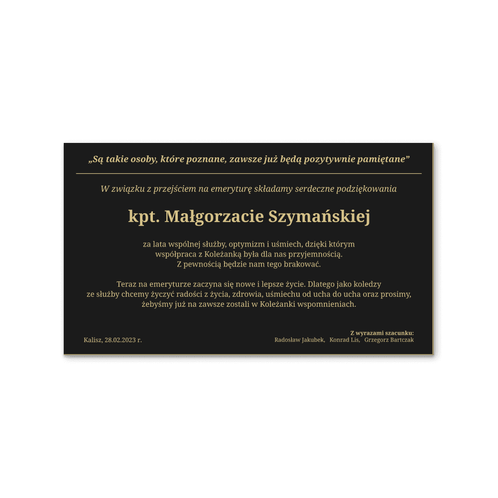 Grawerowana tabliczka pamiątkowa w kolorze czarnym